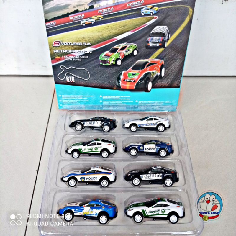 Đồ chơi set 8 xe ô tô cảnh sát, chạy đà, chất liệu kim loại