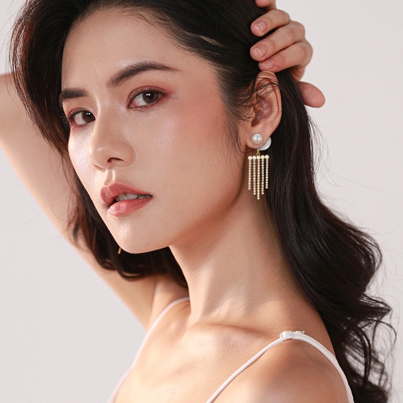 Bông Tai Bạc 925 Đính Hạt Ngọc Trai Và Kim Cương Tua Rua Phong Cách Hàn Quốc Mới Cho Nữ