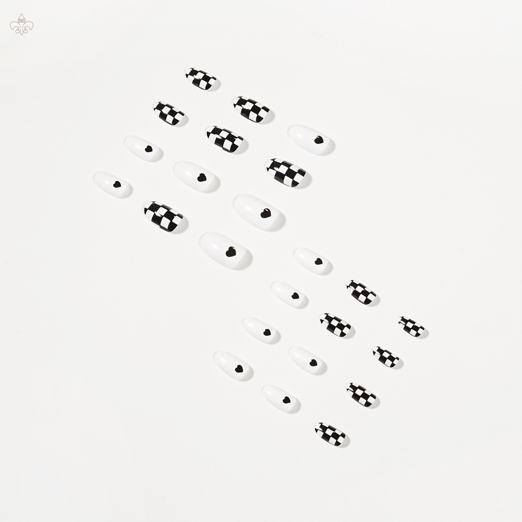 Bộ 24 Móng Tay Giả Màu Trắng Đen Kiểu Sọc Caro Có Thể Tháo Rời Tiện Dụng