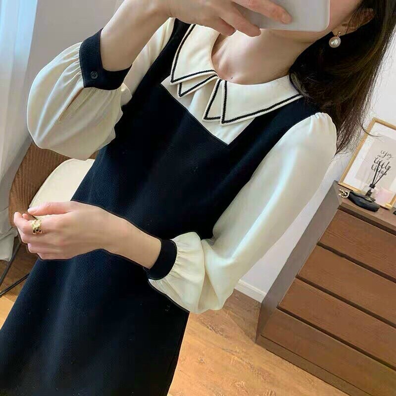 Váy đầm nữ dáng suông tay dài cổ chạy viền dễ thương | BigBuy360 - bigbuy360.vn