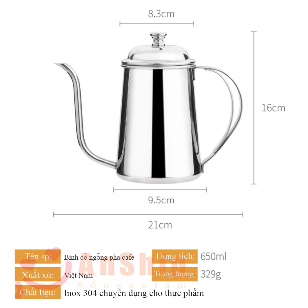 Ấm pha cafe cổ ngỗng Inox 304 cao cấp 650ml