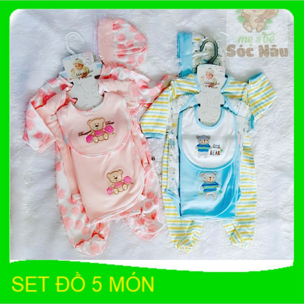 Set đồ 5 món nón/yếm/chăn/2 body suit làm quà tặng đầy tháng