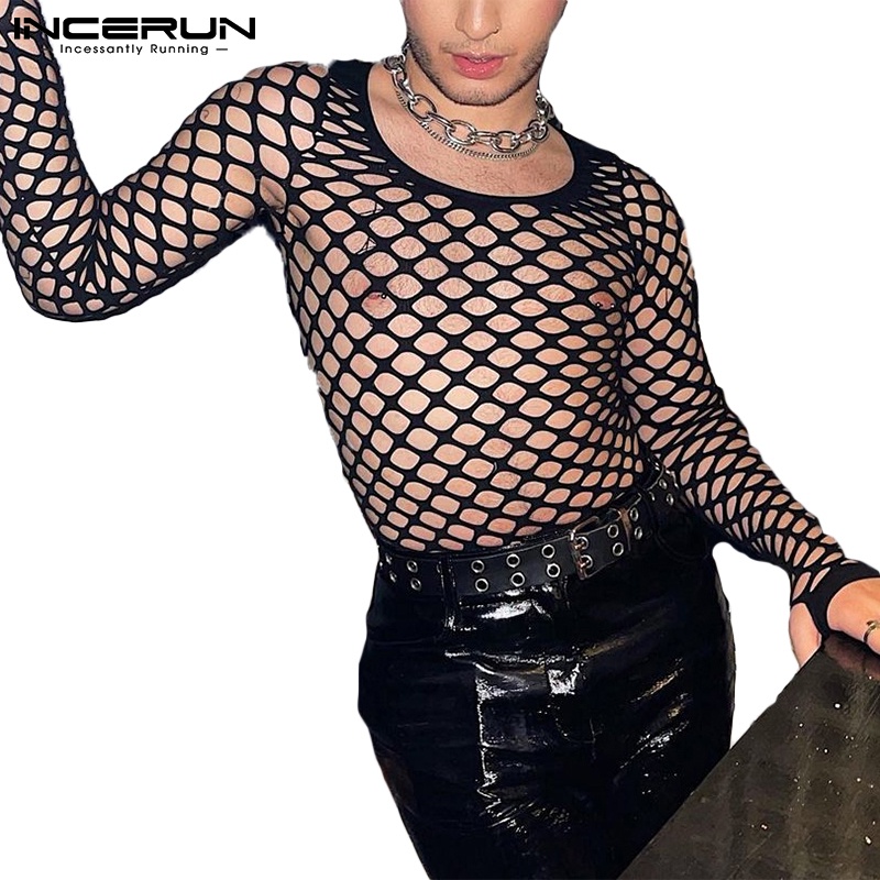 INCERUN Áo nam Tay Dài Màu Đen Quyến Rũ