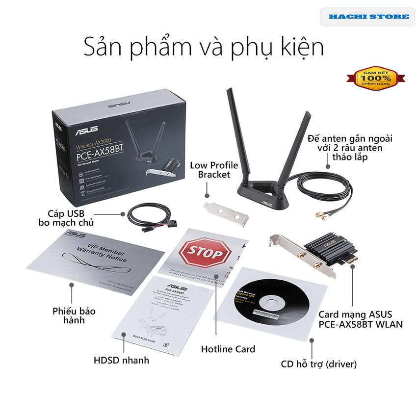 Card Mạng Wifi 6 chuẩn PCI-e 2 băng tần tốc độ 3000 Mbps Asus -PCE-AX58BT - Hàng phân phối Chính Hãng