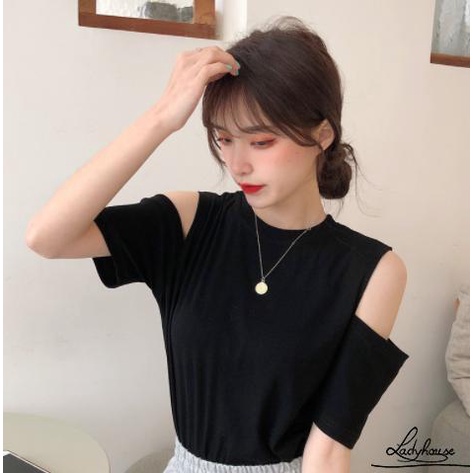 Áo Thun Tay Ngắn Cổ Tròn Hở Vai Màu Trơn Thời Trang Mùa Hè Dành Cho Nữ