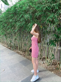 Đầm caro cột hai dây nơ