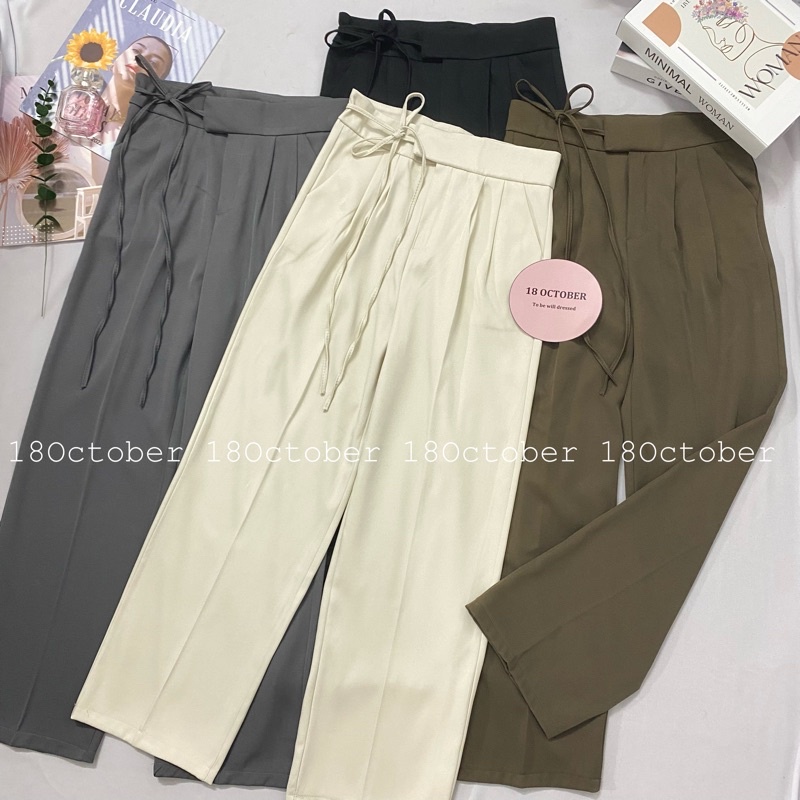 Quần tây nữ ống suông ống rộng cạp cao thắt dây bên hông