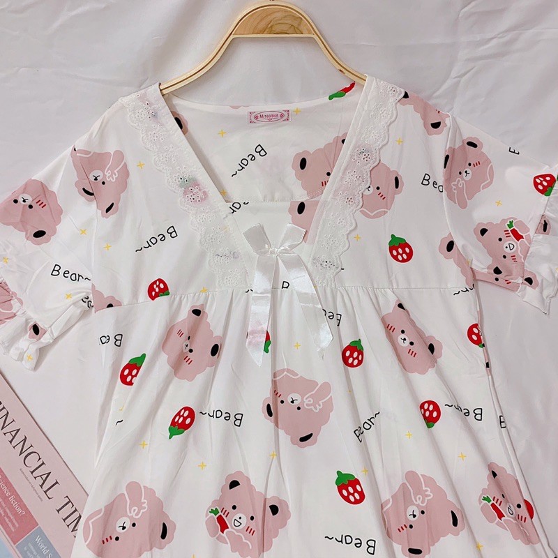 Váy ngủ đầm ngủ nữ chất thun cotton mịn mát mặc nhà thoải mái cổ bèo xinh xắn, hình gấu dễ thương | BigBuy360 - bigbuy360.vn