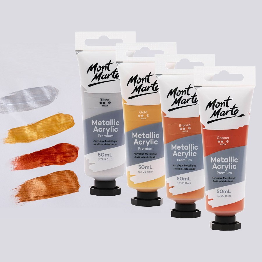 [Tuýp lẻ] Màu Nhũ Metallic Acrylic Mont Marte 50ml - Silver/ Gold/ Bronze/ Copper