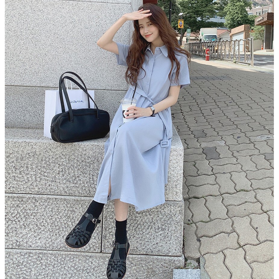 Đầm tay ngắn cổ bẻ thắt dây thời trang 43935