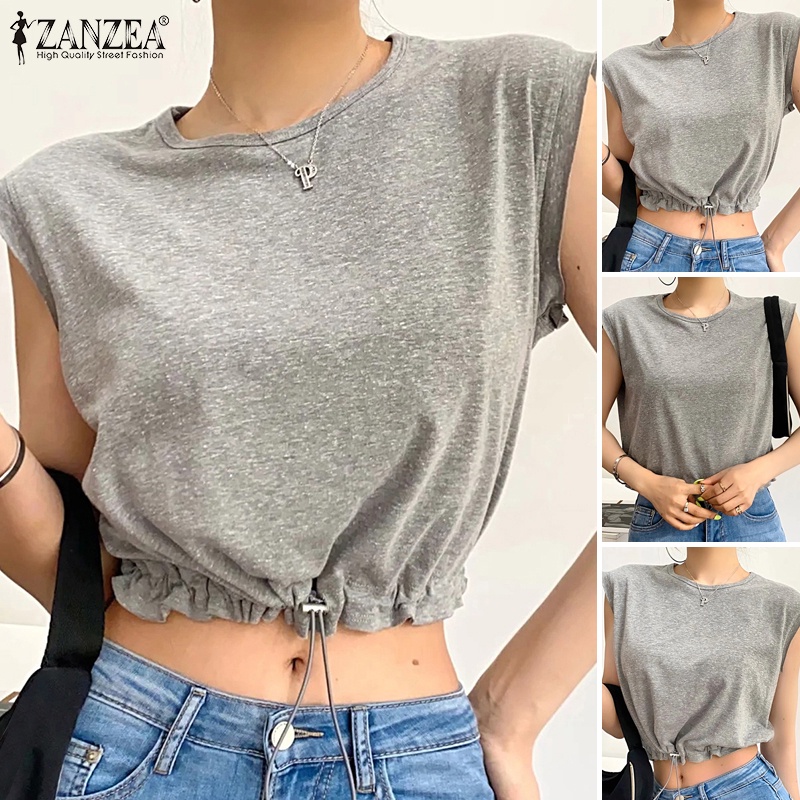 Áo sát nách ZANZEA cổ tròn dây rút phong cách Hàn Quốc dành cho nữ