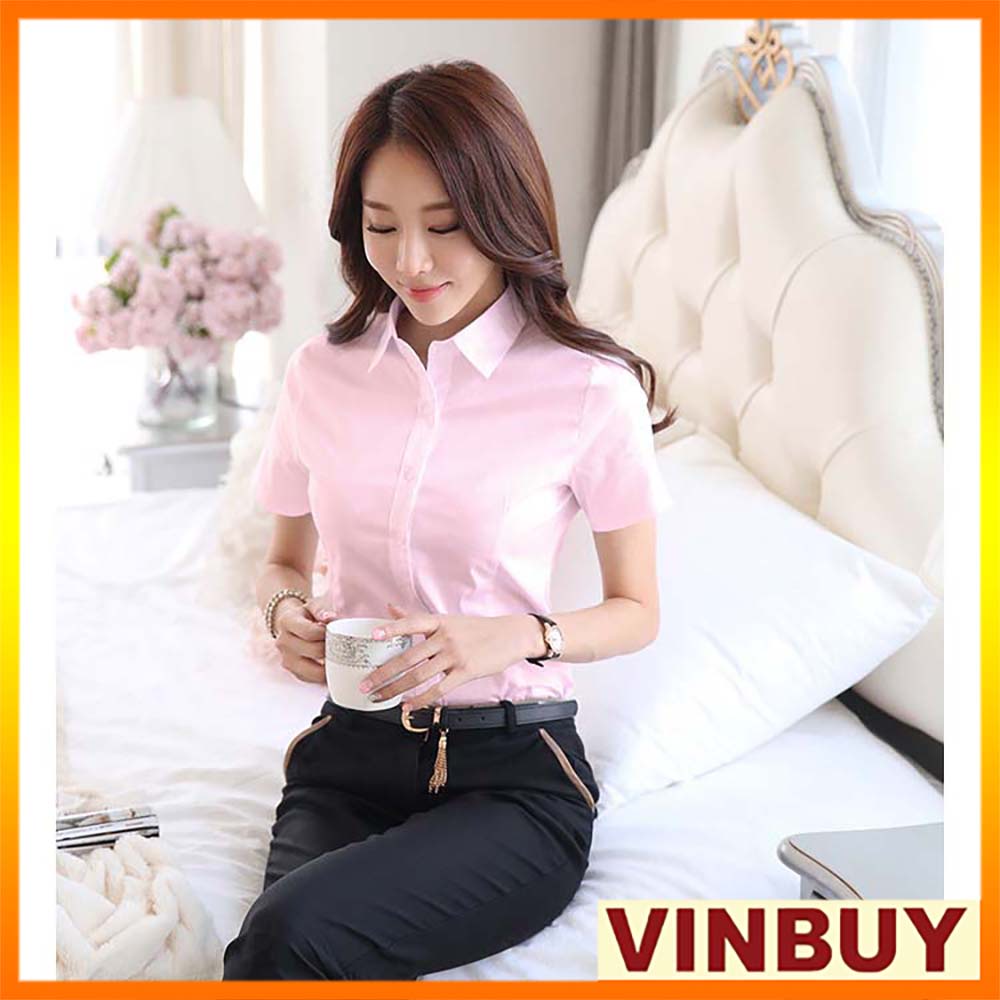Áo sơ mi tay ngắn màu hồng phấn nữ chất vải mềm, mịn, thoán khí, đường may đẹp VINBUY