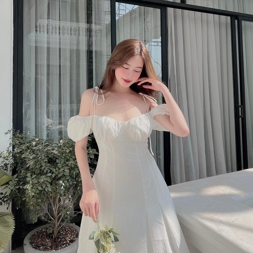 [Ảnh thật] Đầm xòe nhún ngực 2 dây cột nơ tay phồng
