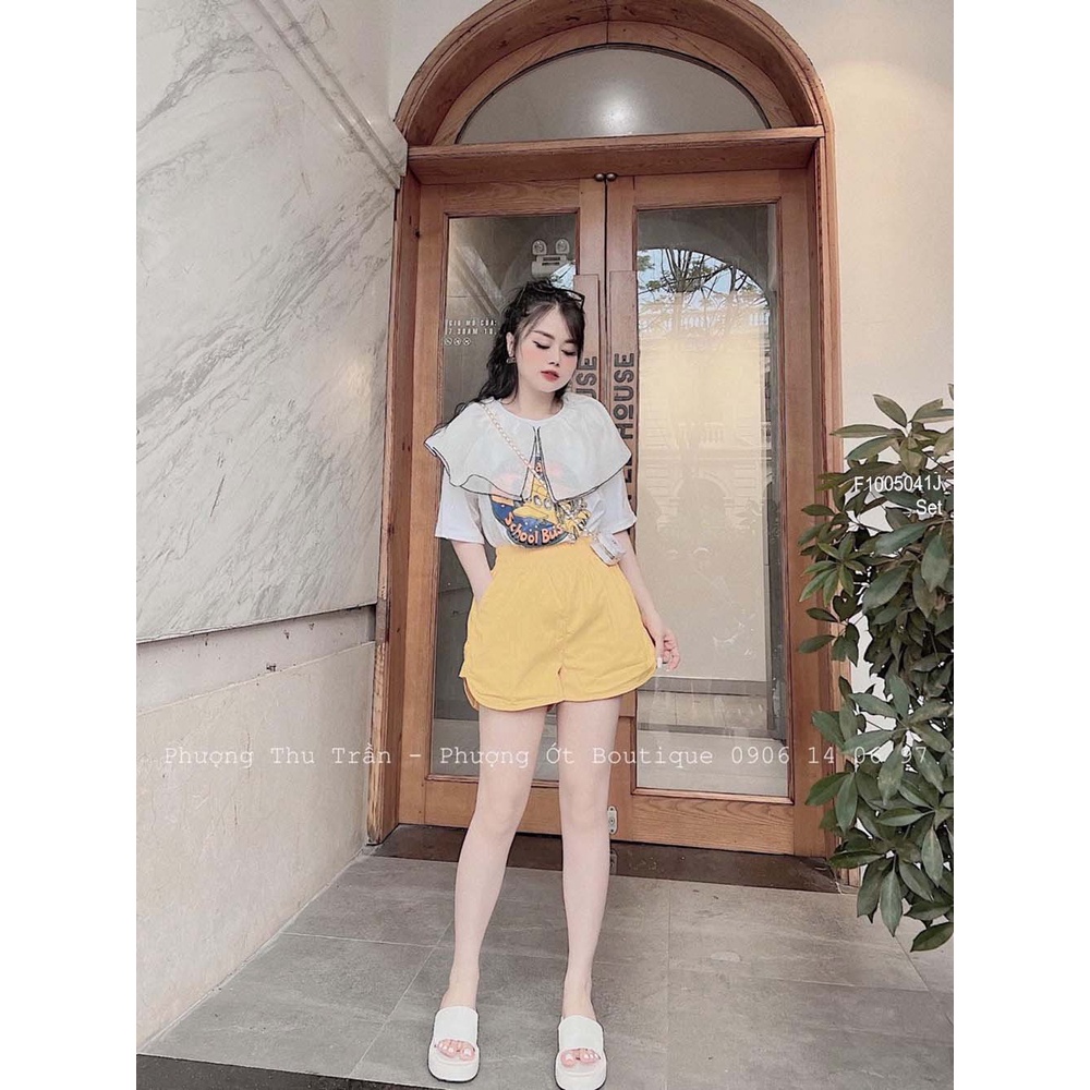 Set áo thun hoạt hình phối cổ bèo tay ngắn kèm quần short vàng!
