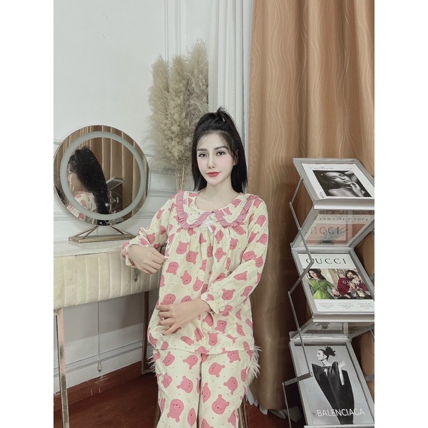 Bộ Bầu ,sau sinh có khoá ti tiện lợi ,cổ bèo hình siêu cute,Chất Đũi Hàn siêu mềm mịn ,thấm hút mồ hôi ,freesize 43-68kg