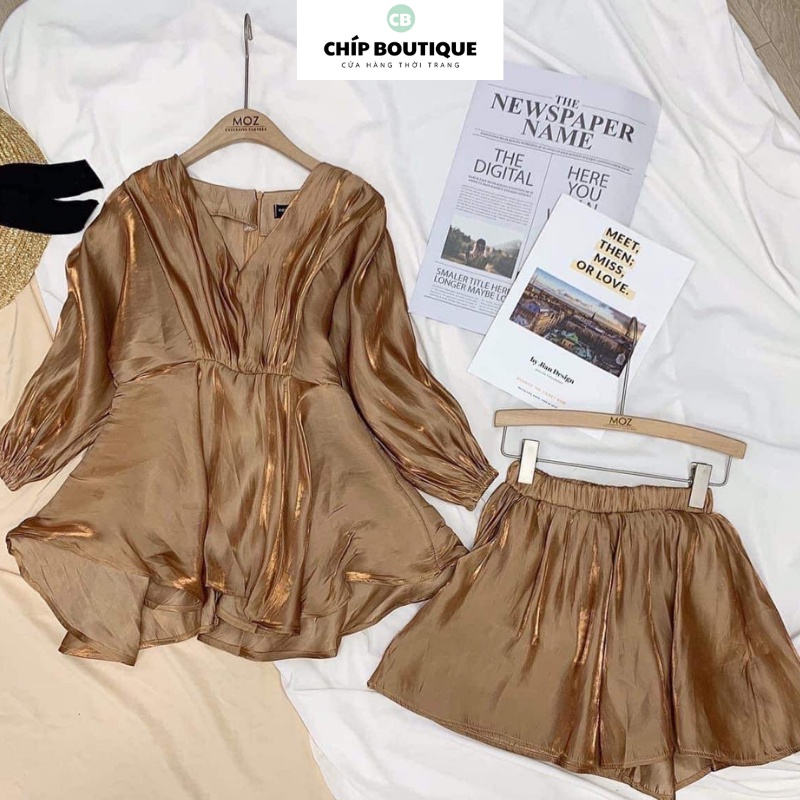 Set váy du lịch tiểu thư sang trọng, chất tơ cao cấp, mềm mịn màu Đen/ Nâu Tây  - Chíp Boutique