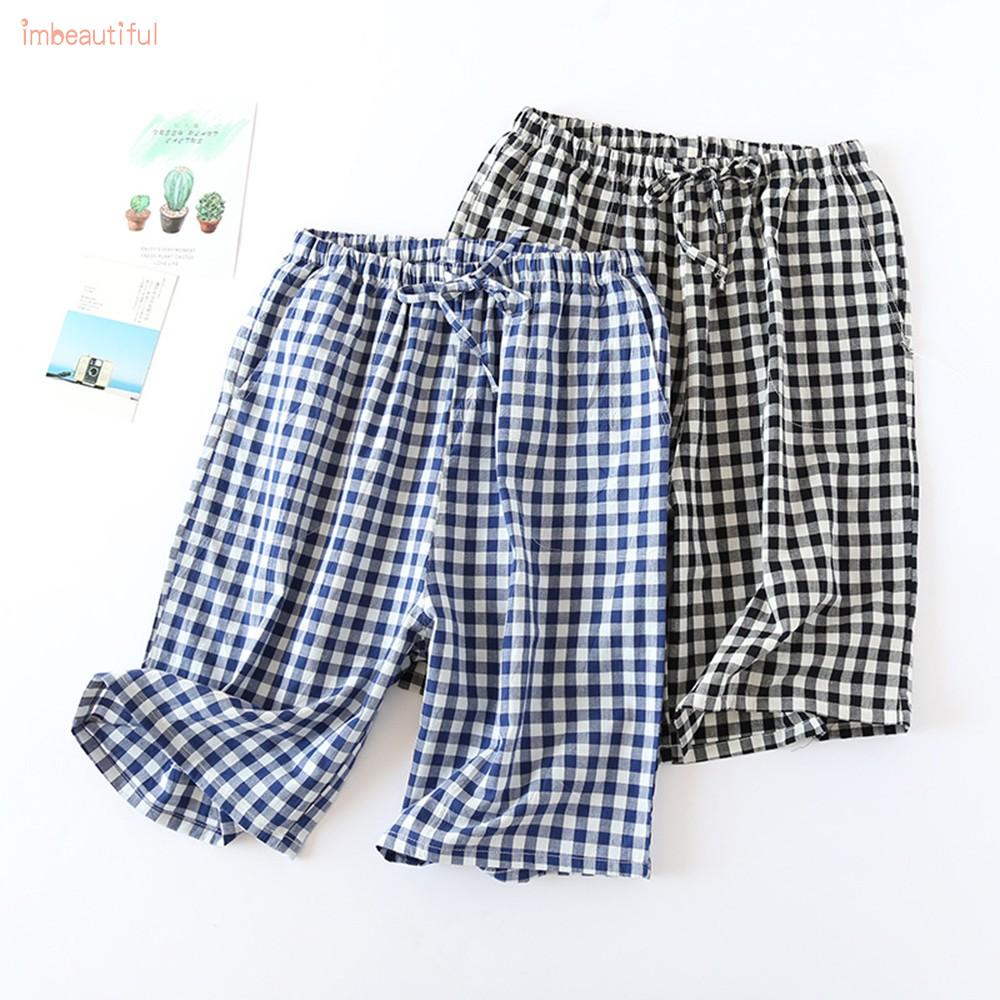 Pants Men Plaid Short Pants Stretch Summer Bottoms Cotton Elastic Waist