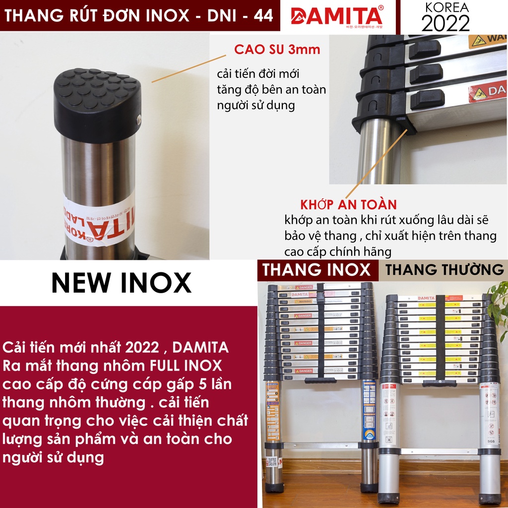 Thang nhôm rút đơn 4.1m INOX DAMITA 2022 mới cao cấp rút gọn đa năng đai an toàn nhựa ABS bảo hành 24 tháng FREESHIP 2h