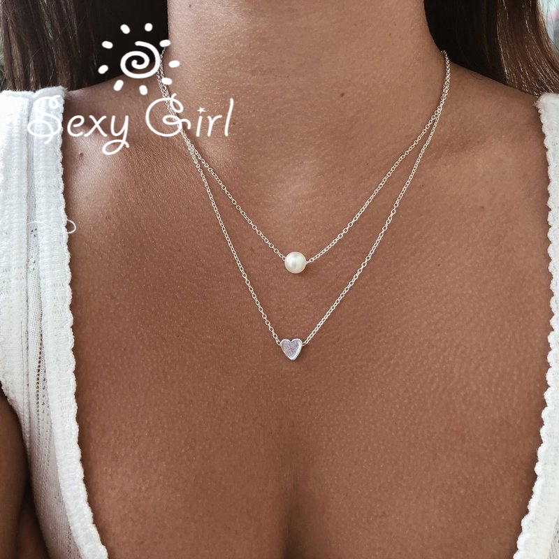 Vòng Cổ Choker Hai Lớp Mặt Hình Trái Tim Đính Ngọc Trai Thời Trang Cho Nữ