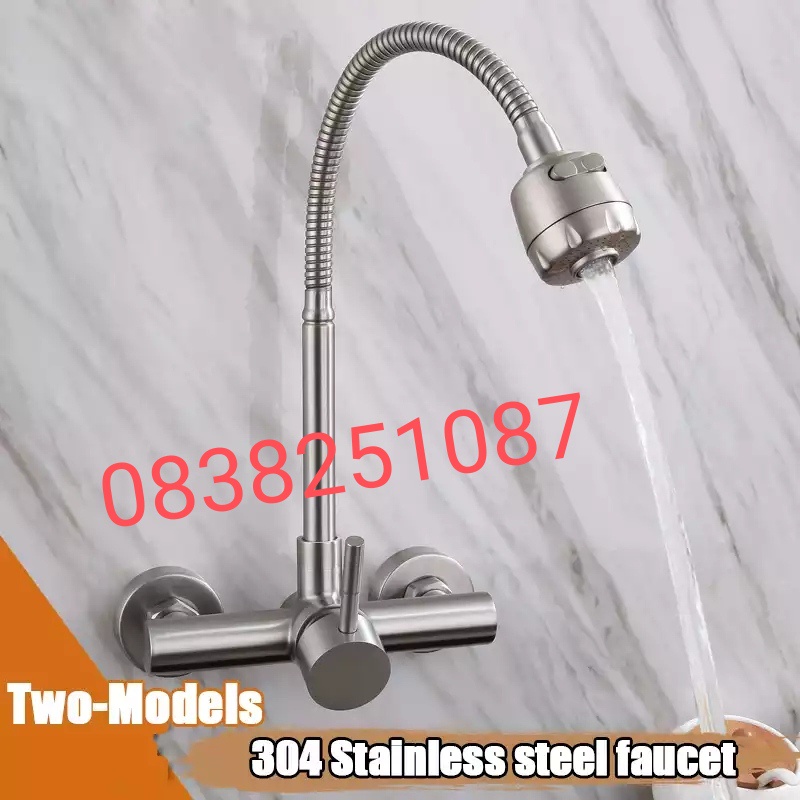 vòi rửa bát nóng lạnh gắn tường inox 304 cần mềm lò xo đầu vòi có 2 chế độ phun tiết kiệm nước CNL3005