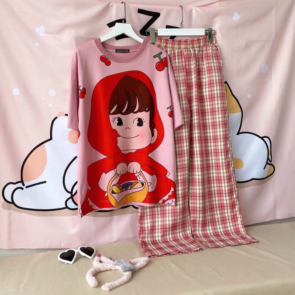 Set Đồ Bộ Nữ Quần Caro Kate Ống Rộng NHIỀU MẪU * Đồ Bộ Hoạt Hình Freesize S.I.Z Fashion | BigBuy360 - bigbuy360.vn