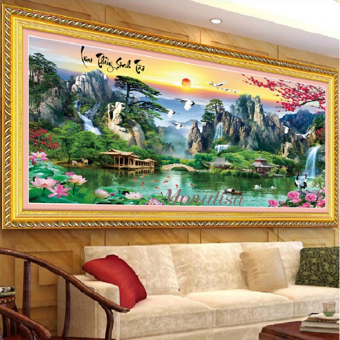 tranh thêu chữ thập phong cảnh lưu thủy sinh tài kt 160x75cm