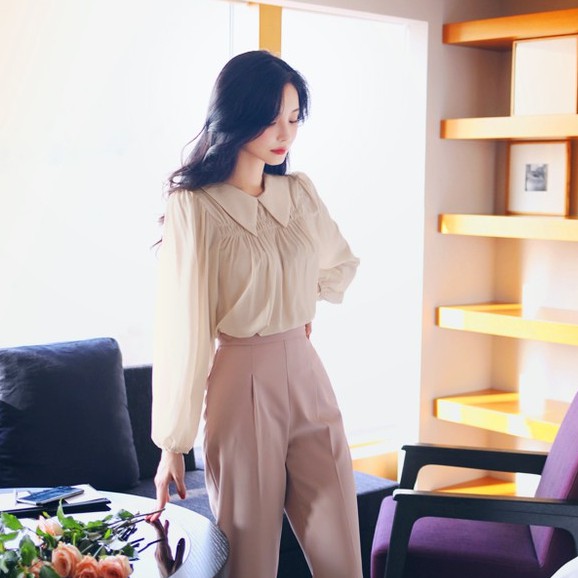 Áo sơ mi nữ dài tay Xuu Design Áo kiểu nữ nhúm ngực chất lụa mềm nhún bèo thời trang TK21.07