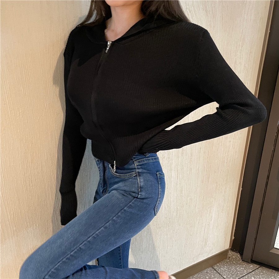 SUXI Áo dệt kim tay dài dáng rộng có nón phối khóa kéo thời trang mùa thu hàng mới cho nữ