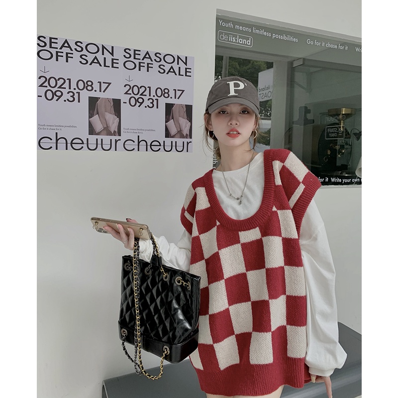 Áo Dệt Kim Sát Nách Cổ Chữ U Dáng Rộng Kẻ Sọc Ca Rô Kiểu Retro | BigBuy360 - bigbuy360.vn