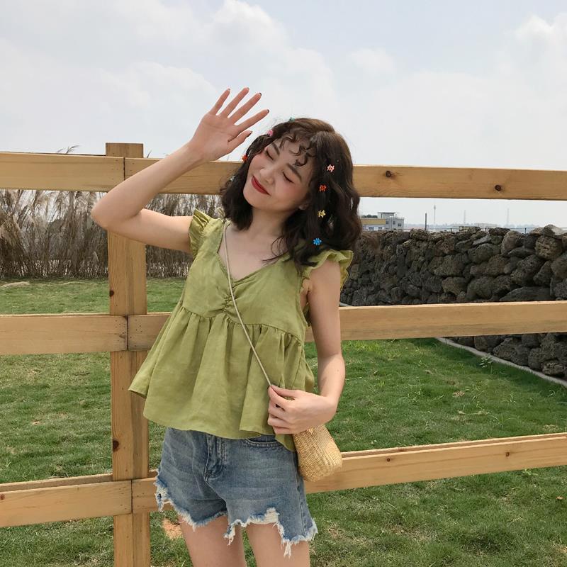 Áo hai dây IELGY dáng rộng màu xanh lá / mơ hở lưng phong cách Hàn Quốc cho nữ