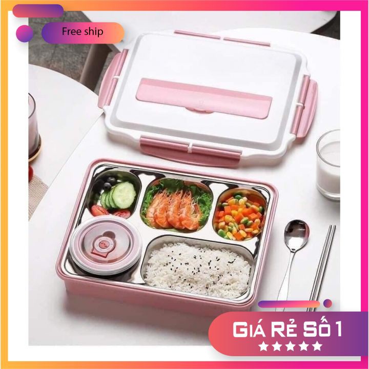 Hộp cơm 5 ngăn inox 304 Có Nắp Đậy tặng kèm bộ muỗng đũa inox siêu tiện lợi | BigBuy360 - bigbuy360.vn