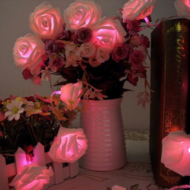 Dây 10 bông hoa hồng xốp gắn đèn led trang trí phòng ngủ, tiệc cưới lãng mạn (dùng pin tiểu AA)