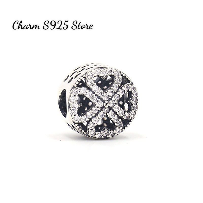 charm pan cỏ 4 lá may mắn đính đá trắng bạc s925 cao cấp