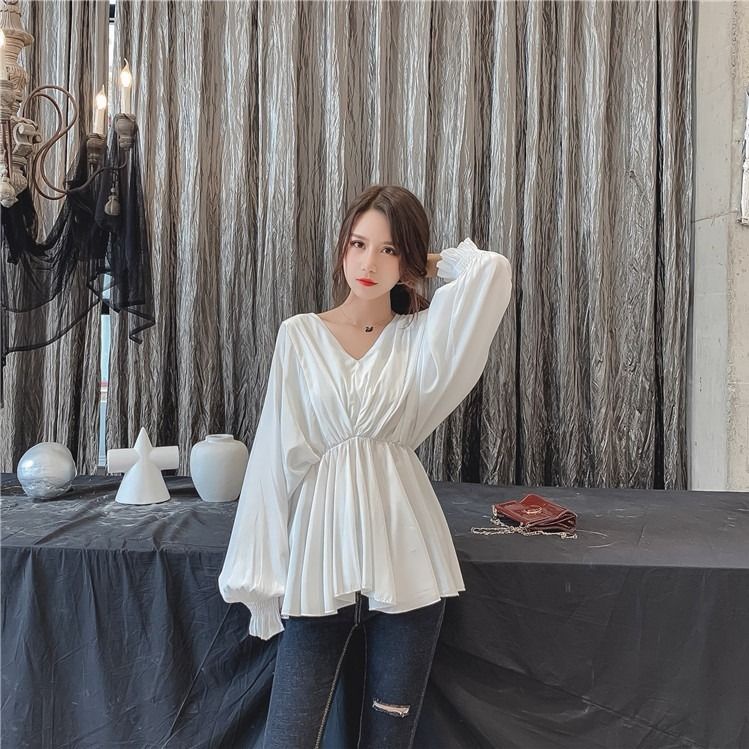 Áo Sơ Mi Nữ Tay Dài Cổ Chữ V Thắt Eo Thời Trang Mới