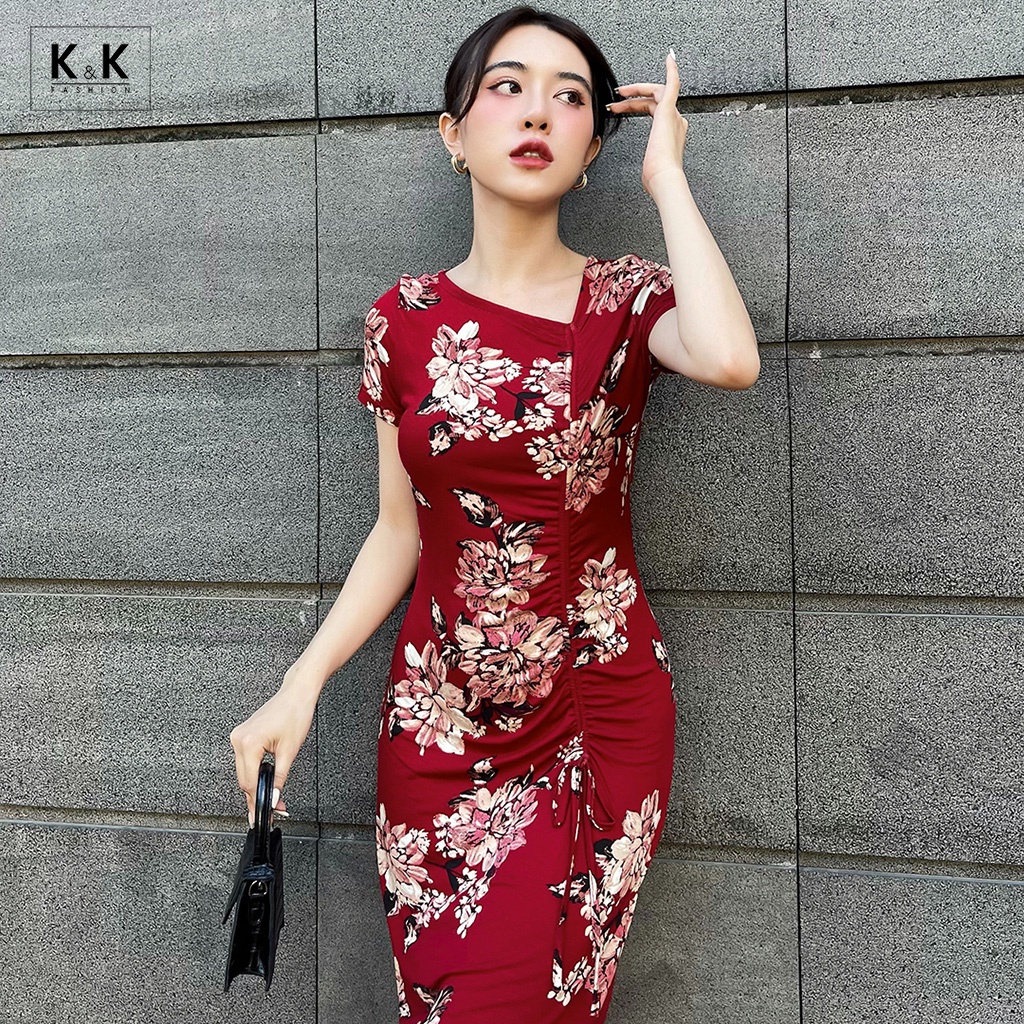 Đầm Ôm  Họa Tiết Hoa K&K Fashion HL20-20 Tùng Rút Dây Nơ Chất Liệu Thun Hàn