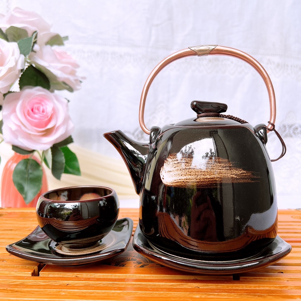 Bộ ấm chén uống trà  Gốm Sứ Bát Tràng  bộ ấm trà,Siêu Xước hoa hoả biến GOMPHUQUY THH05