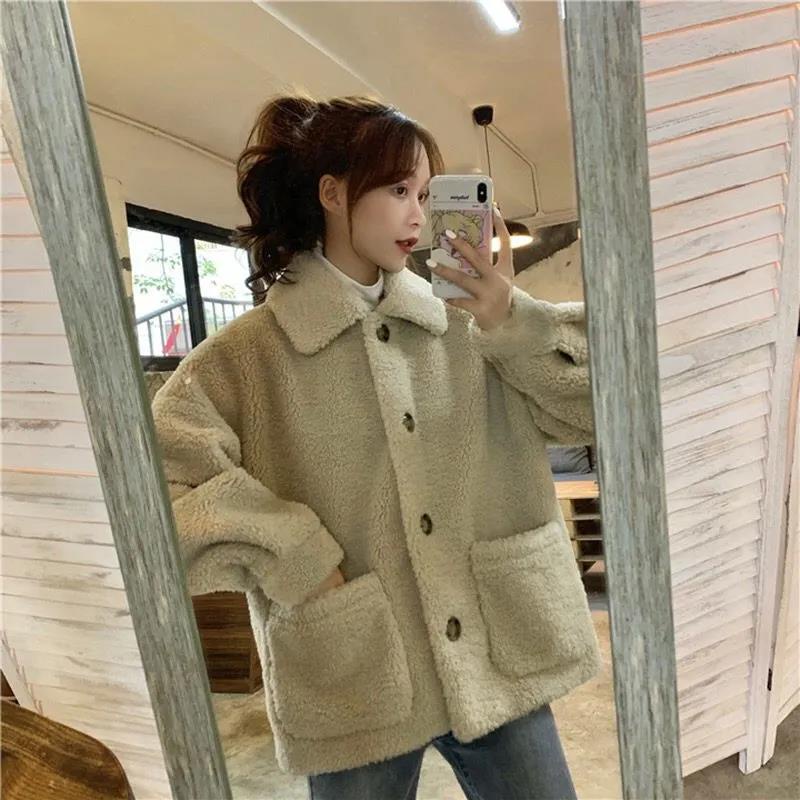 Áo Khoác Cotton Len Lông Cừu Dày Dáng Rộng Ấm Áp Thời Trang Thu Đông Phong Cách Hàn Quốc Mới 2021