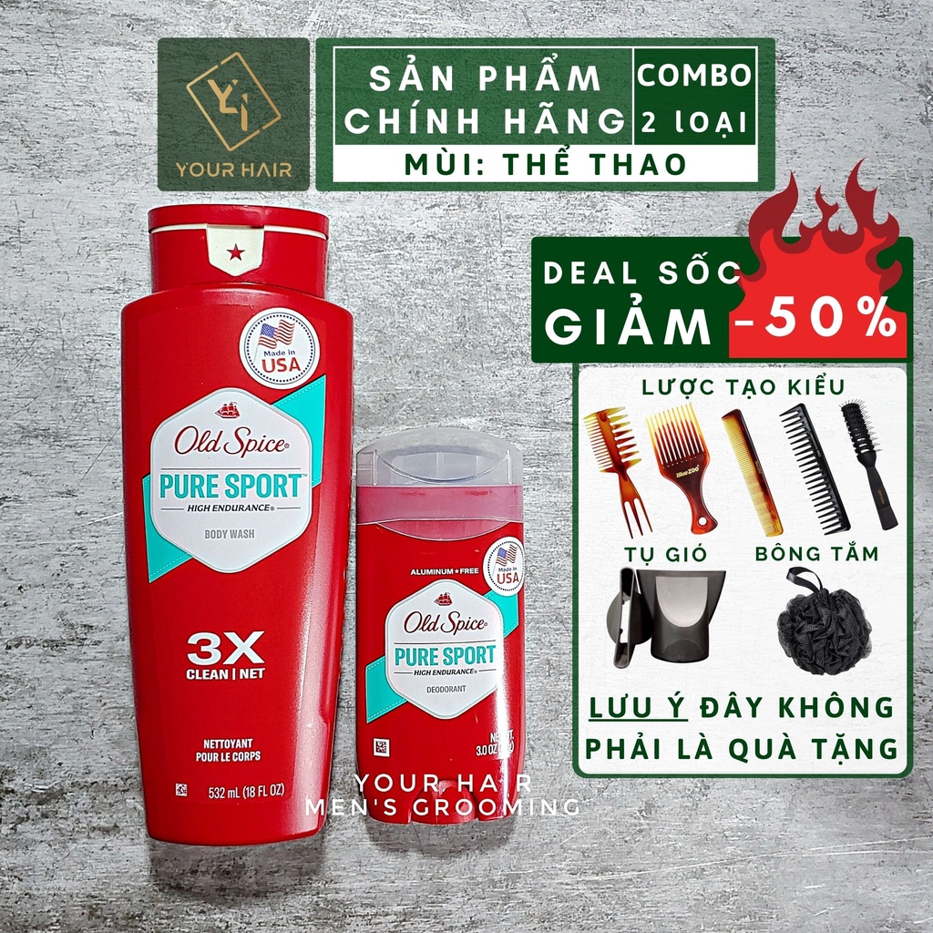 COMBO Hương Chanh bạc hà | Sữa Tắm & Lăn Khử Mùi Old Spice Pure Sport | Chính hãng USA