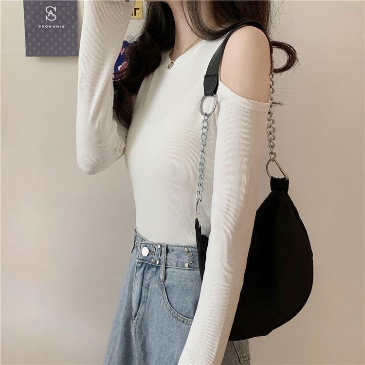 Áo Thun Đen Tay Dài Hở Vai Dáng Ôm Thời Trang Mùa Thu Cho Nữ