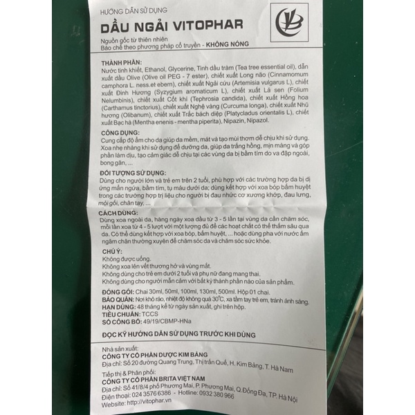 Tinh Dầu Ngải Cứu Vitophar 50ml - Mua 05 tặng 01 - Giảm đau nhức xương khớp, thoái hóa