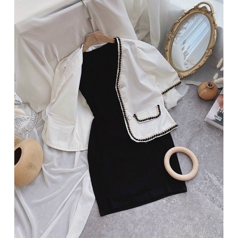 SET KHOÁC DẠ TRẮNG VIỀN ĐEN+ ĐẦM ĐEN (Kèm ảnh thật)