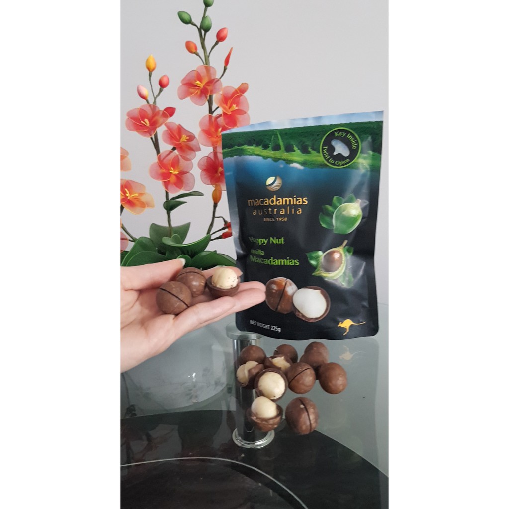 HẠT MẮC CA -  H𝗮̀𝗻𝗴 𝗰𝗵𝘂𝗮̂̉𝗻 ÚC (Thương hiệu macadamia australia Happy Nut Vanilla) - Túi 225gr - Giá 152k