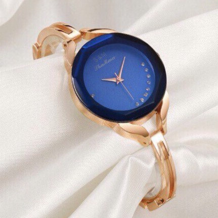 Đồng hồ nữ S&M Dây kim loại mạ Vàng mặt Xanh Dương Hàn Quốc thời trang [Kèm hộp+ pin dự phòng]