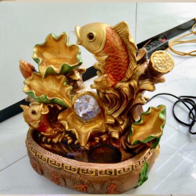 Thác nước phong thuỷ để bàn và đài phun nước lá sen với cá chép vượt ngũ môn màu vàng ,kích thước 29 x 20 x 31cm | BigBuy360 - bigbuy360.vn