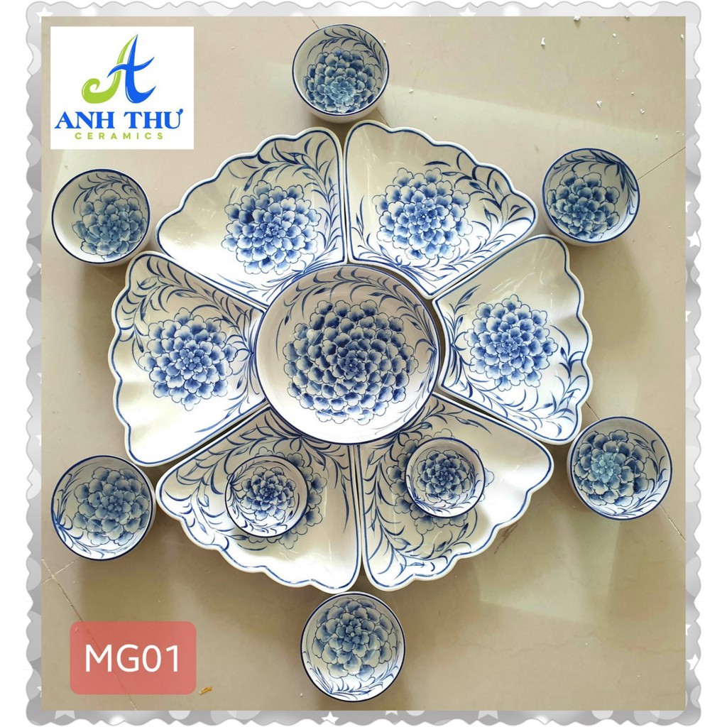 Bộ bát đĩa hoa mặt trời men gốm vẽ hoa màu xanh lam tràm Bát Tràng set bát đĩa hàng chuẩn loại 1 decor bàn ăn dễ thương