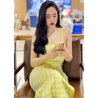 Set đồ áo hai dây chân váy dài xẻ kẻ caro len dệt hàng xuất xịn