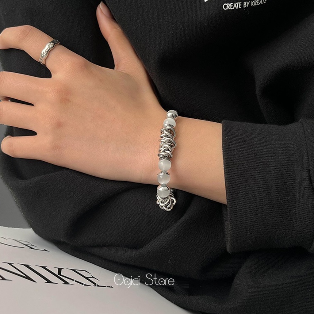 Vòng tay nam nữ thời trang, Lắc tay titan không gỉ thiết kế đan xen giữa ngọc trai và kim loại, độc đáo, cá tính, Unisex