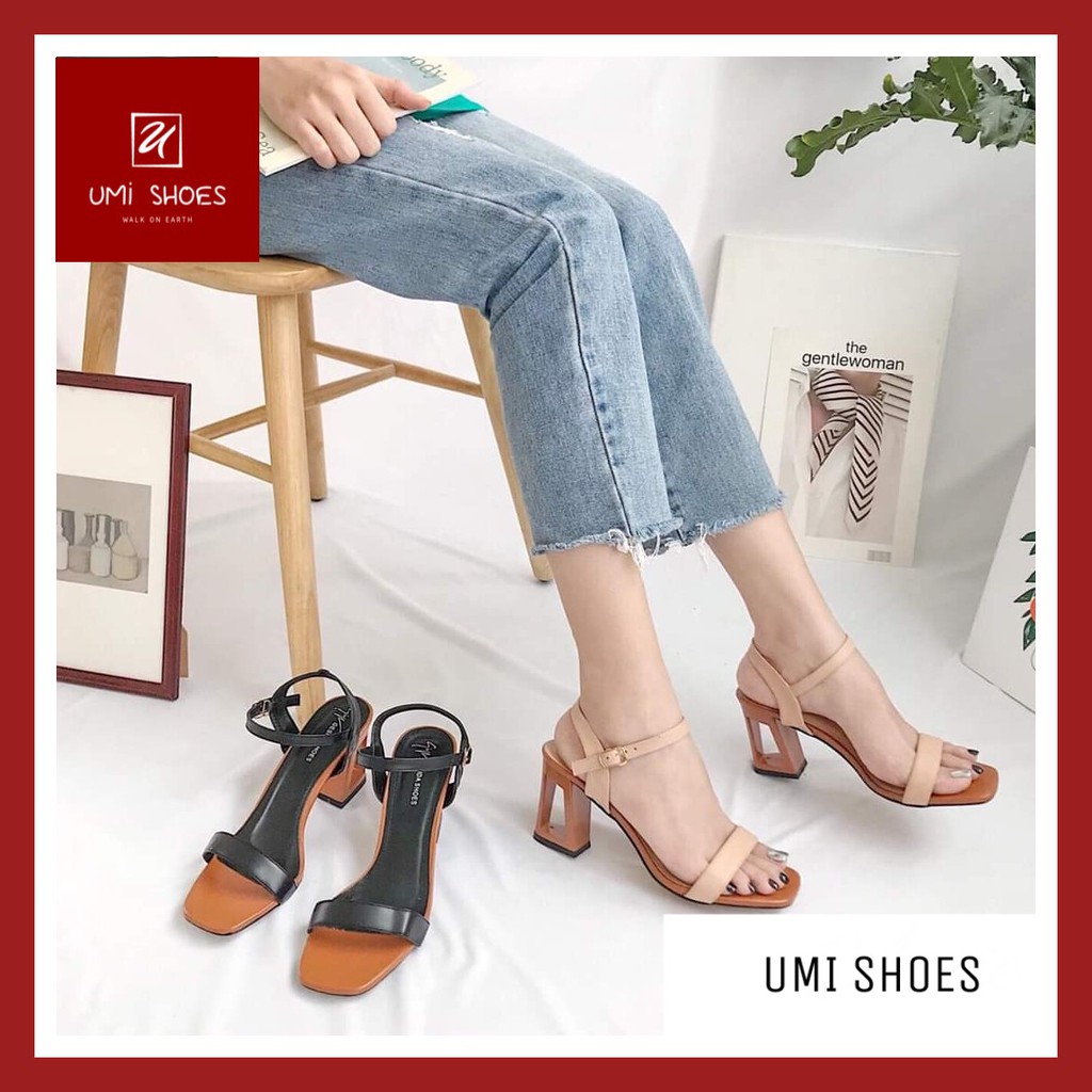 Giày sandal nữ cao gót lỗ đế cao 7 phân tôn dáng mẫu mới hot 2020 màu đen nâu be nhẹ nhàng đơn giản quai ngang mảnh xinh