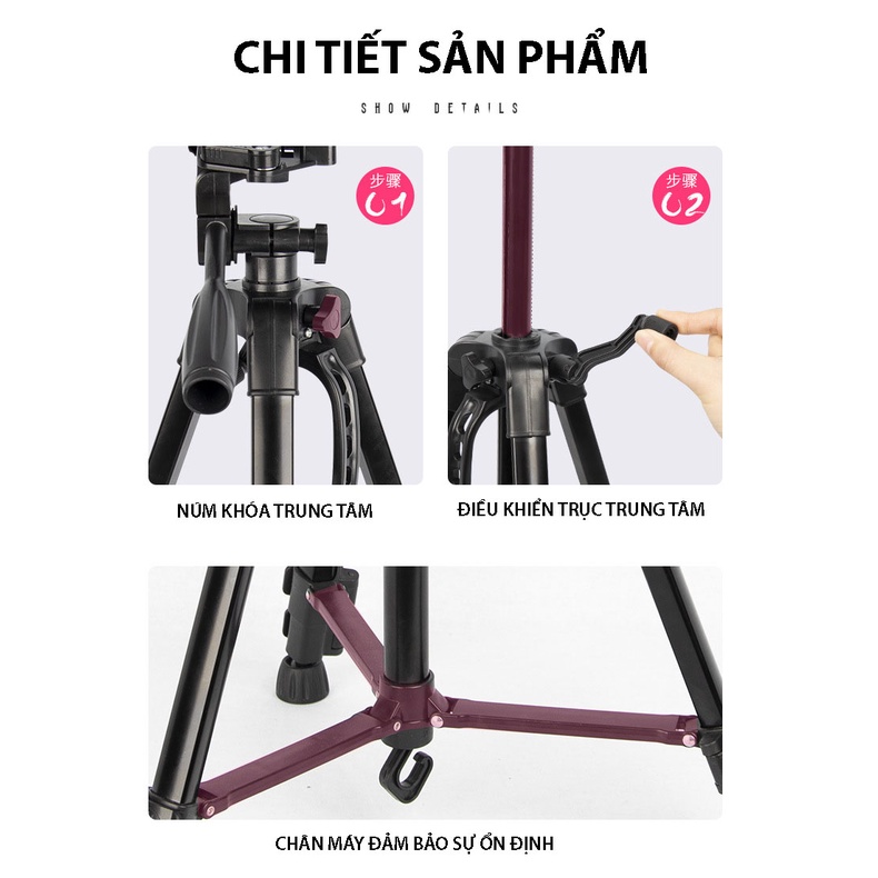 Gậy 3 Chân Máy Ảnh Chụp Hình Selfie Tự Sướng Tripod Floveme - 3366 cao 150cm Kèm Giá Đở Điện Thoại &amp; Máy Ảnh