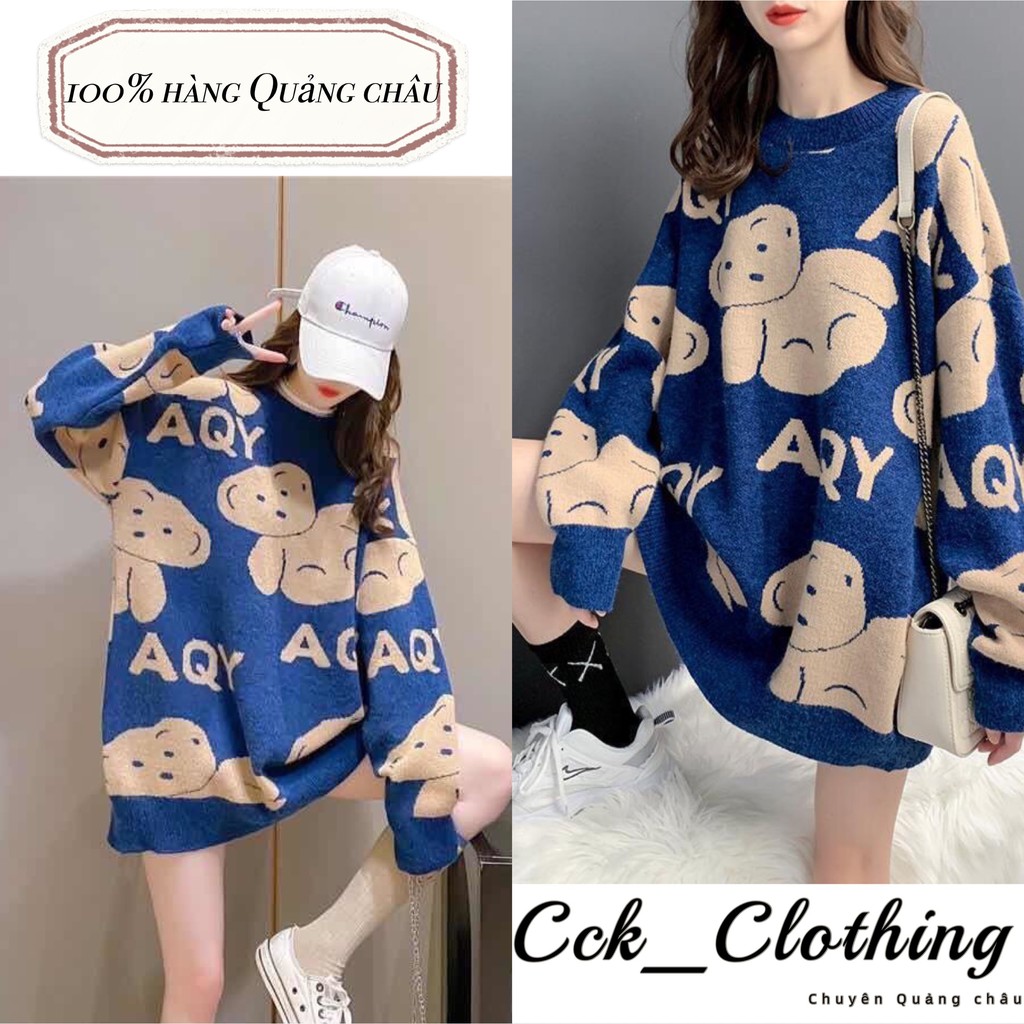 Áo len xanh hình gấu dễ thương form rộng thời trang unisex Quảng Châu_M1